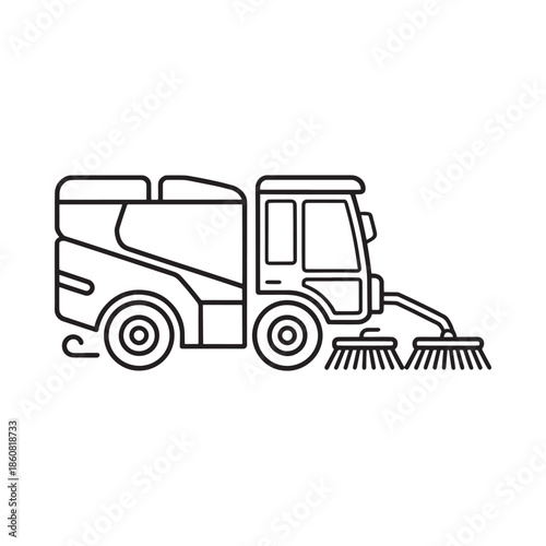 Line art illustration of a street sweeper vehicle with rotating brushes