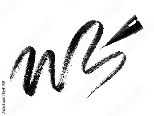 깨끗한 흰색 배경에 검은색 아이라이너 붓펜으로 유려하게 그려진 물결 모양 선과 제품의 클로즈업 이미지는 뷰티, 메이크업, 화장품 광고에 이상적인 시각적 요소를 제공합니다.