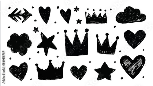 다양한 검은색 손그림 낙서 디자인 요소 세트: 하트, 왕관, 별, 구름, 화살표가 포함된 귀엽고 추상적인 패턴 배경.