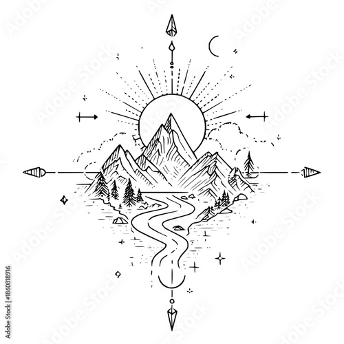 Escape the ordinary and embrace the adventure with this stunning mountain and river landscape illustration!