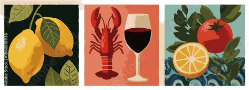 지중해 풍미를 담은 레몬, 랍스터, 레드와인, 토마토, 슬라이스 레몬 등 신선한 식재료가 돋보이는 빈티지 스타일의 삼부작 음식 일러스트 컬렉션으로, 건강하고 풍성한 식탁의 즐거움을 시각적으로 표현합니다.