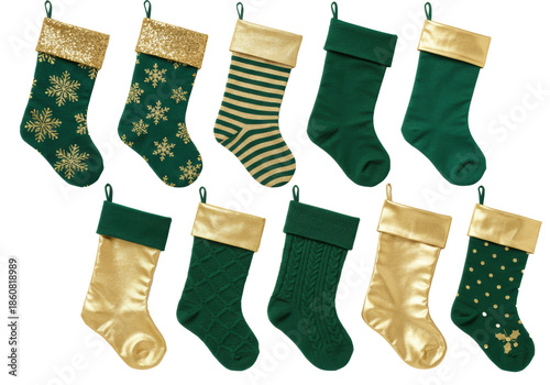 Eight knee-high green and gold Christmas stockings, varied designs, shimmering cuffs, on transparent with copy space, professional product shot. Sophisticated holiday elegance