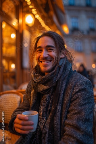 Young man enjoying a hot beverage while smiling at a cozy outdoor café in the late afternoon.