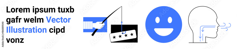 Fototapeta premium Communication, user feedback, emotional health, breathing, interactive elements, human understanding. A blue happy face, person inhaling and a hand pointing at stars. Communication and user feedback