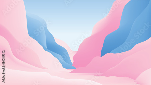 Minimalist dry canyon landscape with smooth pink and blue rock walls. A soft, abstract vector landscape with a narrow path under a bright sky