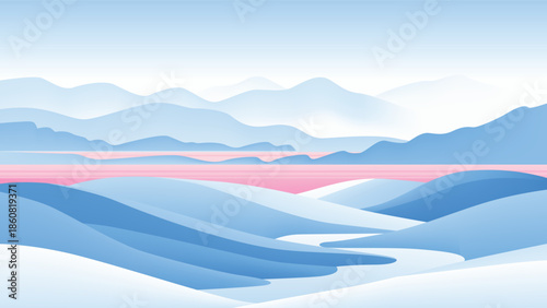 Minimalist highland landscape with rolling blue hills and distant mountains, accented by a striking pink river horizon under a soft, gradient sky.
