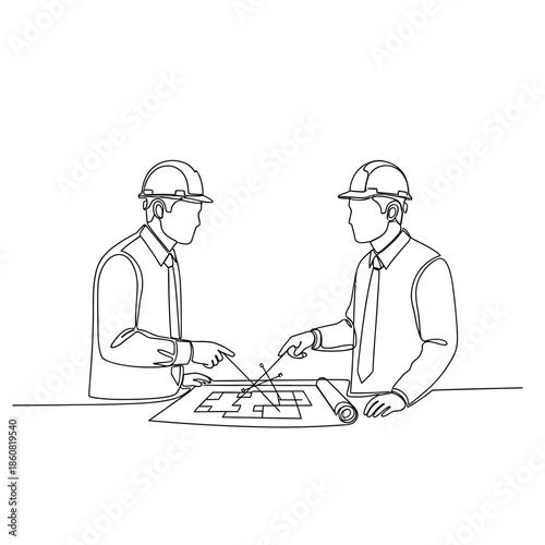 Engineers discussing blueprint architects collaborating on project.