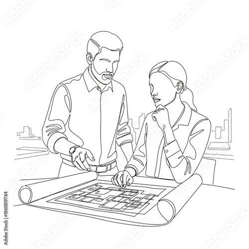 Business partners examining city plan together.