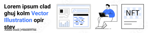 Digital workplace, blockchain, analytics, UI design, user experience, online technology. Man working on laptop, data dashboard NFT text. Blockchain and analytics in technology concept