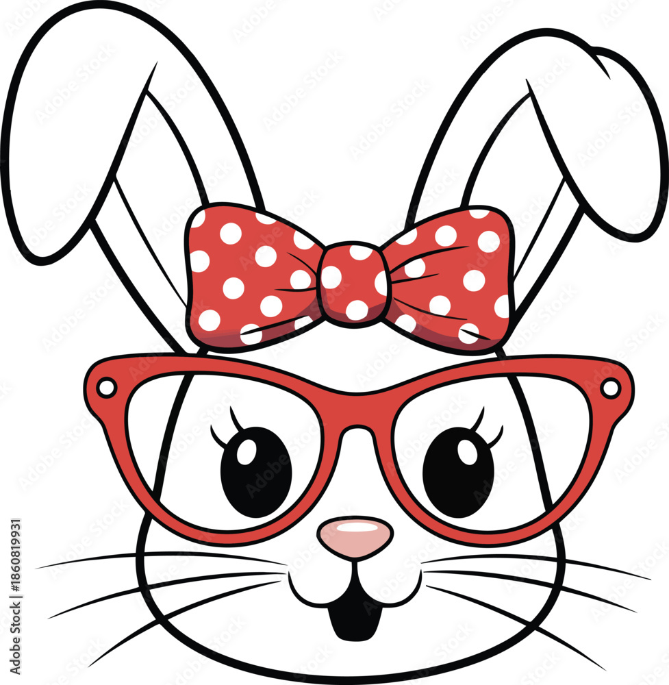 Obraz premium Cute cartoon bunny with stylish red glasses and bow
