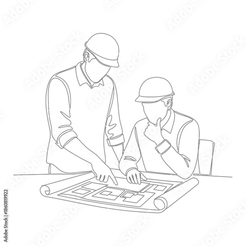 Engineers reviewing blueprint architects discussing plan.