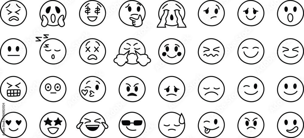 Fototapeta premium Doodle Emoji face icon set. Hand drawing. funny vector emotions.