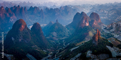 The Mountain Landscape in Yangshuo at Sunset, Guilin