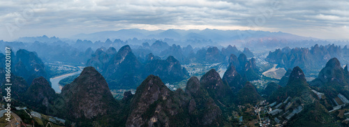 The Mountain Landscape of Guilin at Sunset, Li River in Yangshuo
