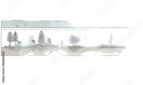 水彩画風の透明感あふれる風景イラスト、水面に映る木々が穏やかな自然の美しさと静けさを表現し、抽象的な要素が現代的な雰囲気を醸し出しています。