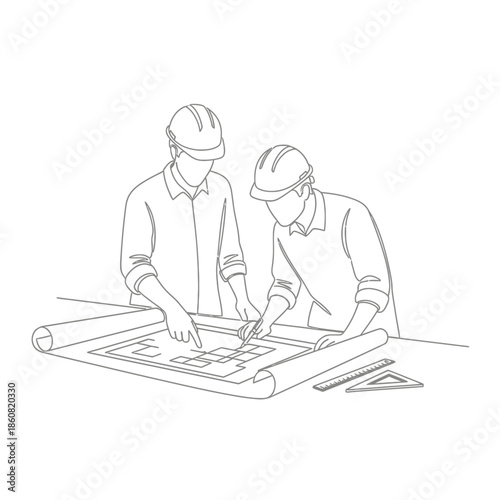 engineers collaborating on blueprint architects teamwork construction project plan.