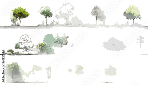 透明感あふれる水彩と繊細な線画で描かれた、様々なスタイルと表情を持つ木々のイラストレーションコレクション。環境デザイン、ウェブ素材、または自然をテーマにしたプロジェクトの背景として活用できるグラフィックセット。