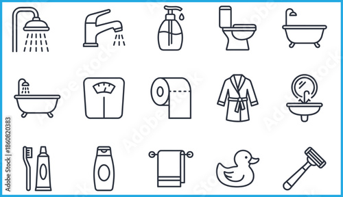 Set of 16 black line icons for bathroom essentials, hygiene items, and fixtures, ideal for vector illustration content
