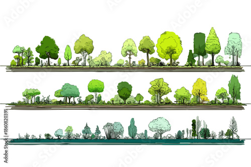透明な背景に手描き風の様々な樹木イラストが並ぶ、建築パースや景観デザインに活用できるベクター素材のコレクション。