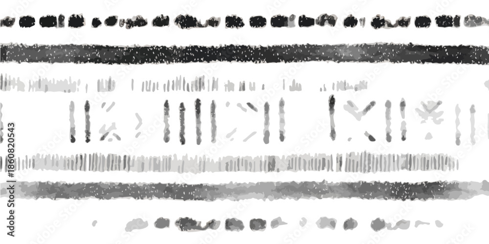 Obraz premium 透明な背景に手描き風のモノクロラインと幾何学模様のボーダーが並ぶ、グランジ感のある抽象的なデザイン要素のテクスチャ素材。