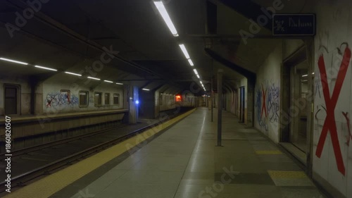 Abandoned subway train sits idle on tracks at nighttime station platform with graffiti.