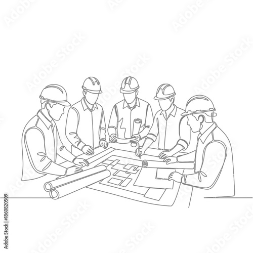 Engineers Collaborating on Blueprint Project.