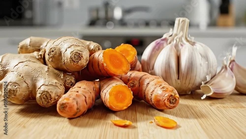 Fresh ginger turmeric garlic on wooden cutting board in kitchen