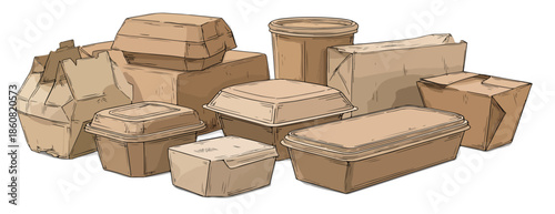 環境に配慮したクラフト紙製のテイクアウト容器が多種多様に描かれ、デリバリーや持ち帰りサービス、エコフレンドリーな消費を象徴する手書き風のイラスト素材。白背景に配置された様々な形状のフードパックやカップ、袋が、現代のライフスタイルとサステナビリティを表現。