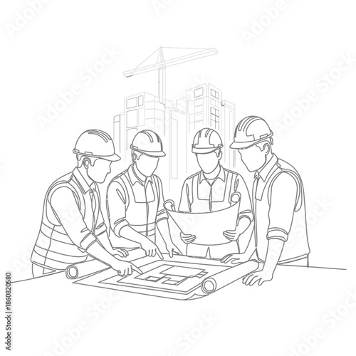 Construction Team Reviewing Blueprint.