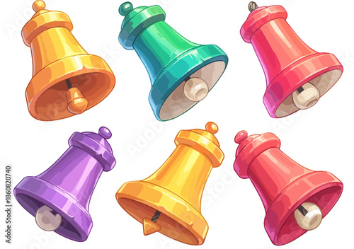 白い背景に散りばめられた、オレンジ、緑、ピンク、紫、黄、赤といった鮮やかな色彩が特徴的な、可愛らしい手描き風の装飾的なベルのイラストレーションセット。様々なデザインと色合いで、お祝いやイベントの雰囲気を表現しています。