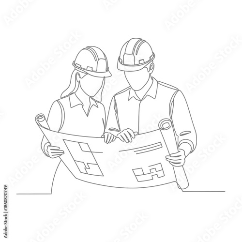 Engineers Reviewing Blueprint Teamwork Construction Planning.