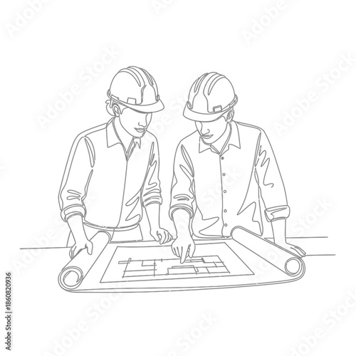 Engineers Reviewing Blueprint Architects Working Together.