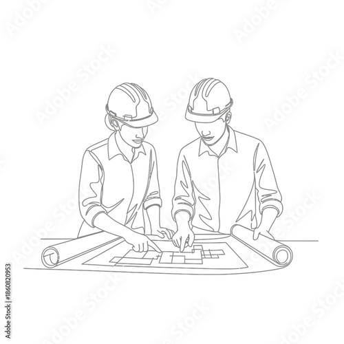 Engineers Discussing Blueprints Construction Planning Teamwork.