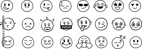 Doodle Emoji face icon set. Hand drawing. funny vector emotions.