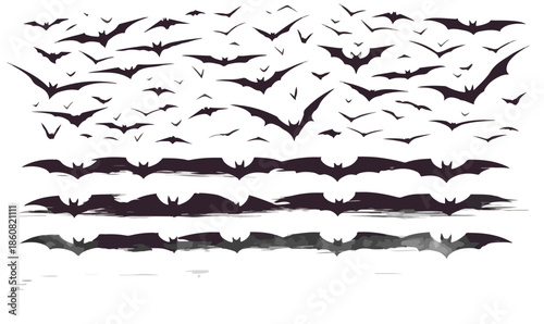 透明な背景に舞うコウモリの大群と、様々な形のシルエットが特徴的なベクターイラストレーション。ハロウィンやミステリアスな雰囲気のデザイン素材として活用できます。