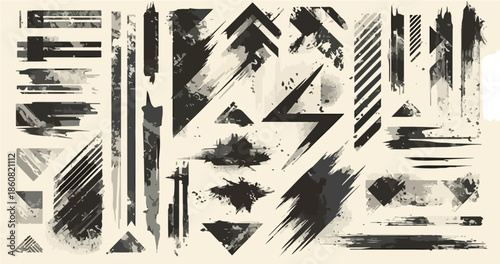 グランジや抽象的なブラシストローク、幾何学的な要素が多数含まれた、テクスチャ豊かなデザイン素材のセットで、透明な背景に配置されたデジタルアートワーク。