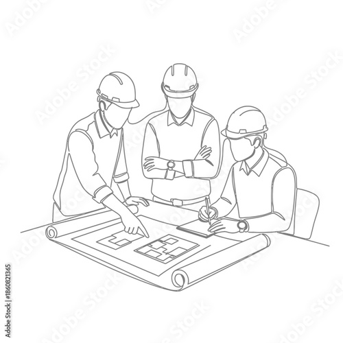 Engineers Discussing Blueprint Teamwork Construction Project Planning.