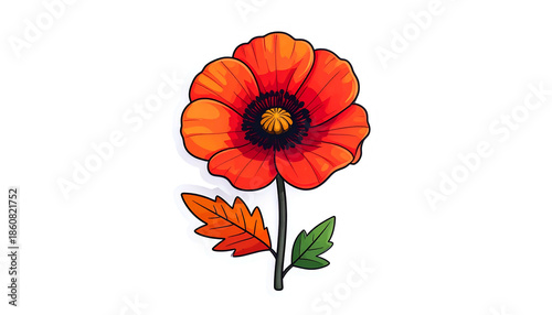 A vibrant, cartoon poppy with orange petals, a dark center, and two-tone leaves