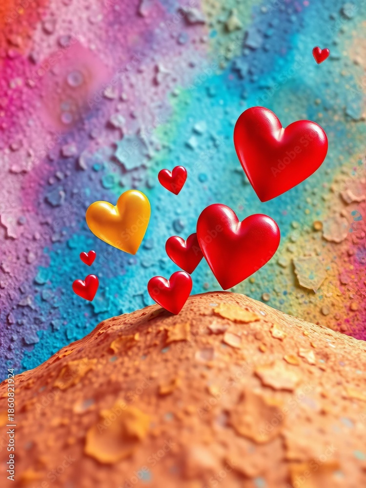 Fototapeta premium Bright hearts ascend a textured, vivid backdrop, a visual symphony of collective care and collaborative spirit, togetherness, joy