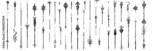 手描き風の多様な矢印が縦一列に並ぶ、上向きと下向きの方向を示す装飾的なデザインコレクション。透明な背景を持つグラフィック素材として、様々なプロジェクトに活用できます。