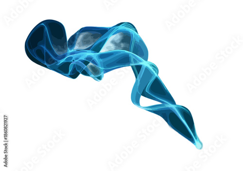白い背景に浮かぶ、青く透明で幻想的な流体のような抽象的なデジタルアートの輝きが、未来的なテクノロジーや科学、そしてダイナミックな動きを表現するグラフィックデザイン素材として多用途に活用できます。
