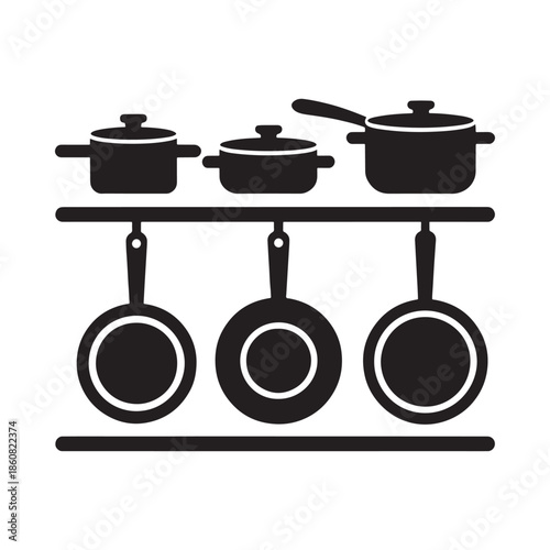 A black and white illustration of cooking pots and pans hanging on a rack