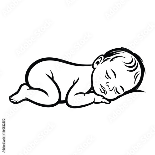 A sweet black and white line drawing shows a peaceful infant child sleeping soundly on their side