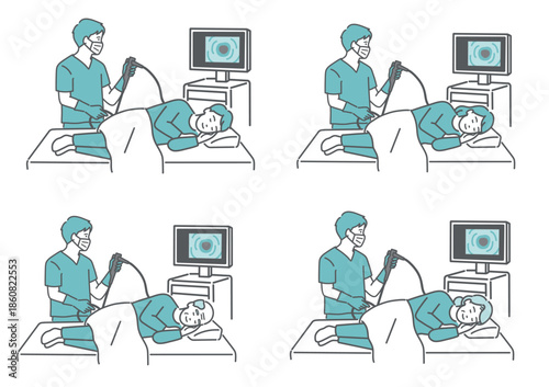 鎮静剤で眠りながら大腸カメラ検査を受ける患者セット（男女・高齢者）