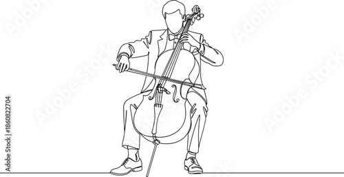 Continuous line drawing of a male musician playing cello, representing classical music performance, orchestral concert, artistic symphony, cello player, and melody.