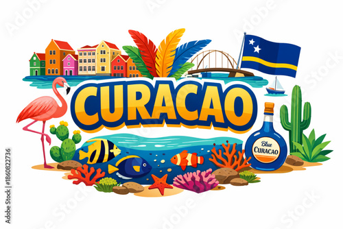 Curacao culture vector illustration with Caribbean architecture wildlife nature and national symbols