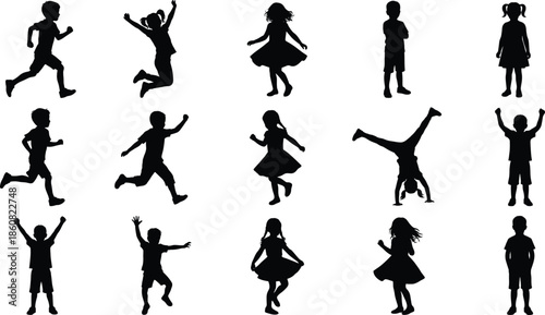 Kids silhouettes set showing children running jumping dancing playing isolated on white background for childhood activity illustration collection design vector
