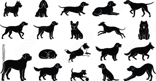 Dog silhouettes set showing various breeds poses running sitting sleeping isolated on white background pet illustration collection design vector icon