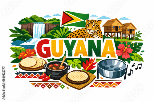 Guyana culture vector illustration with waterfall wildlife rainforest cuisine and national symbols