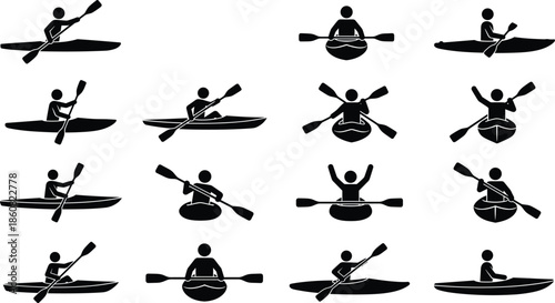 Kayaking silhouettes set, showing paddlers canoe kayak positions isolated on white background water sport illustration collection design vector icon pack